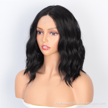 Vigorous High Temperature 14 Inches Short Synthetic Wavy Black Color Middle Part Lace Wigs for Black Women Wholesale Price